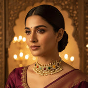 Model wearing Navratna Noor choker – bridal styling shot